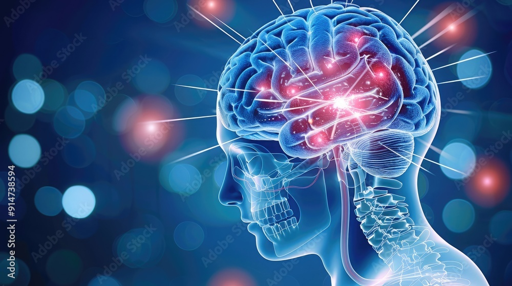Digital illustration of human brain with neural connections and light ...