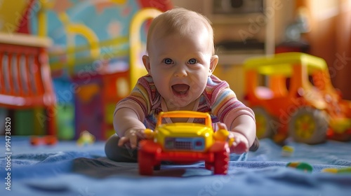 Capture the excitement of a baby playing with a toy car, their hands pushing it along and their face filled with pure joy.
