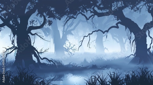 Design a spooky swamp background with thick fog, gnarled trees, and eerie creatures lurking in the shadows. photo