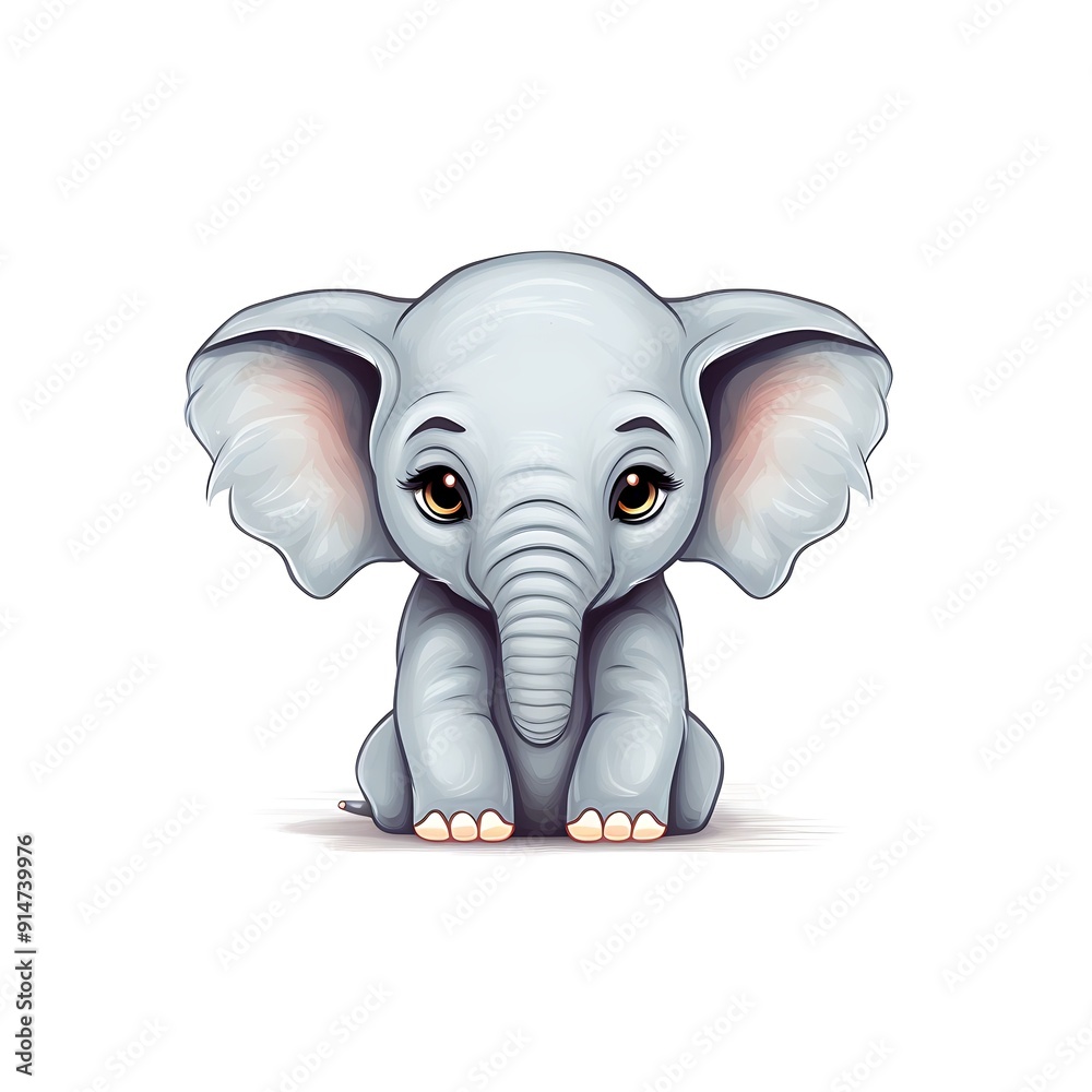 Fototapeta premium Adorable Cartoon Baby Elephant Sitting On White Background
