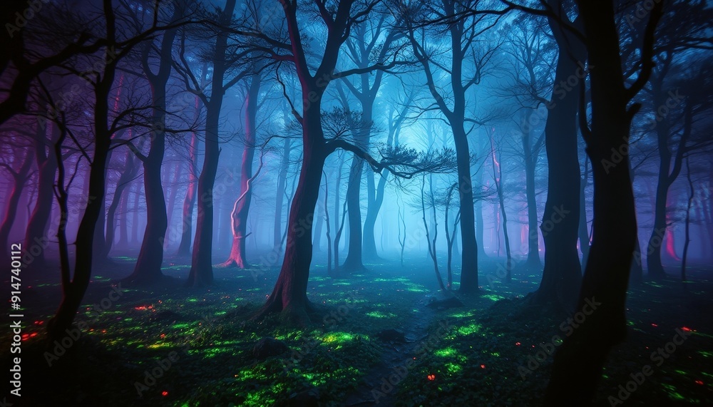 Enchanting Forest at Night with Glowing Moss. Enchanting Forest at Night with Glowing Moss.