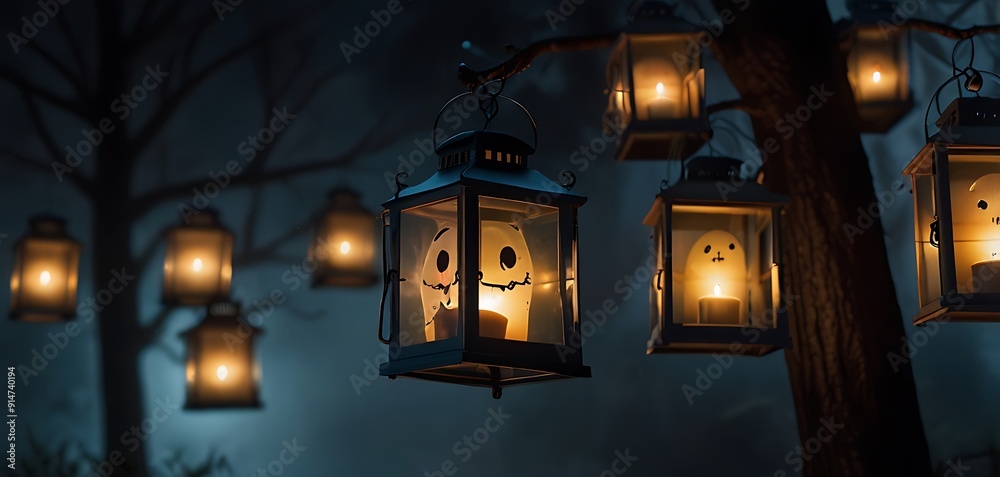 Ghostly Lanterns Illustrate floating lanterns with ghostly faces inside, casting eerie light on a foggy night. Ghostly Lanterns Illustrate floating lanterns with ghostly faces inside, casting eerie light on a foggy night.