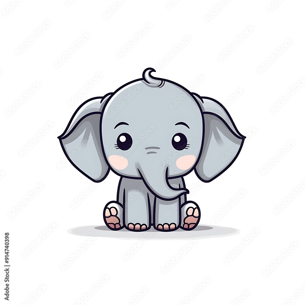 Fototapeta premium Cute Cartoon Baby Elephant Sitting On White Background