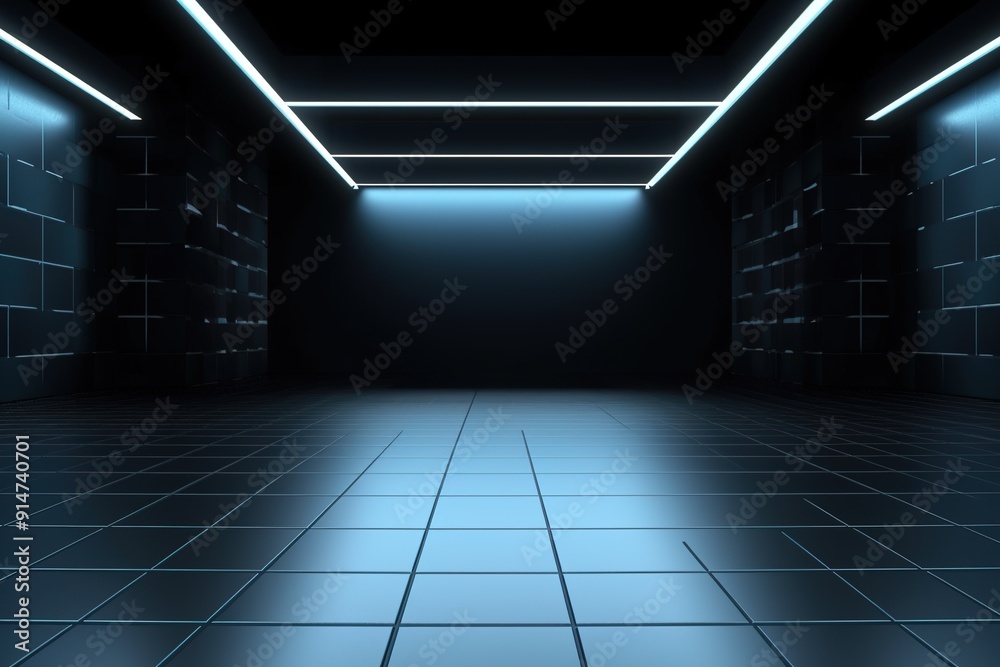 Empty room with tiled floor and glowing lights. Empty room with tiled floor and glowing lights.