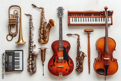 Musical instruments collage  guitar, violin, piano, drums, saxophone, trumpet on white background