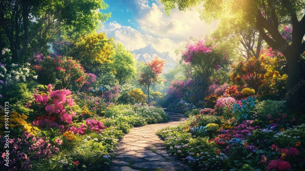 Dreamlike garden with colorful flowers, lush trees, and greenery beneath a bright, sunny sky Dreamlike garden with colorful flowers, lush trees, and greenery beneath a bright, sunny sky