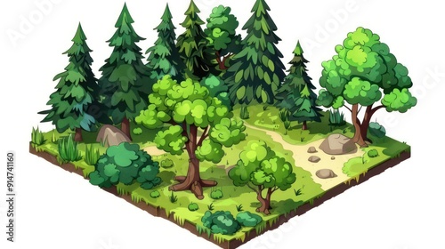 Isometric View of a Small Forest Clearing with Trees, Rocks, and a Path