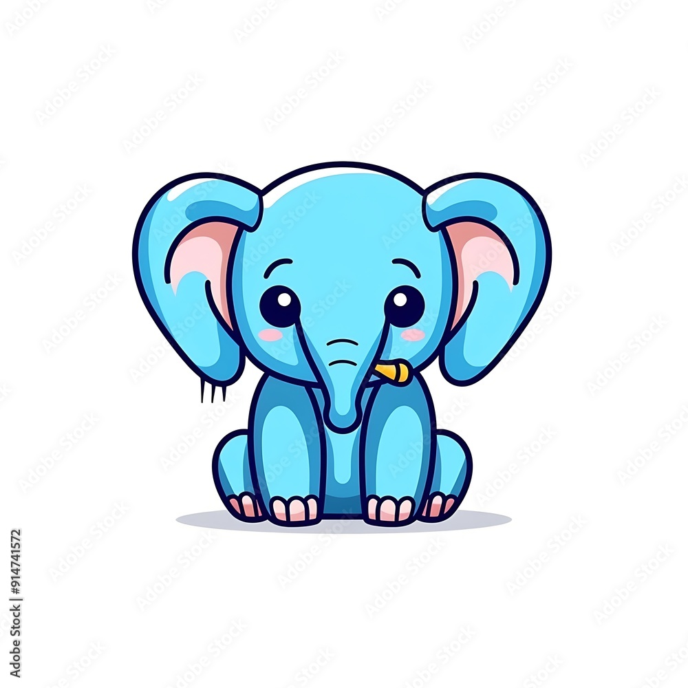 Naklejka premium Cute Blue Elephant Cartoon Sitting With Pink Ears