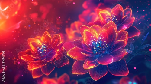 Energetic neon flowers with vibrant burning elements on a deep red backdrop, ideal for yoga and meditation