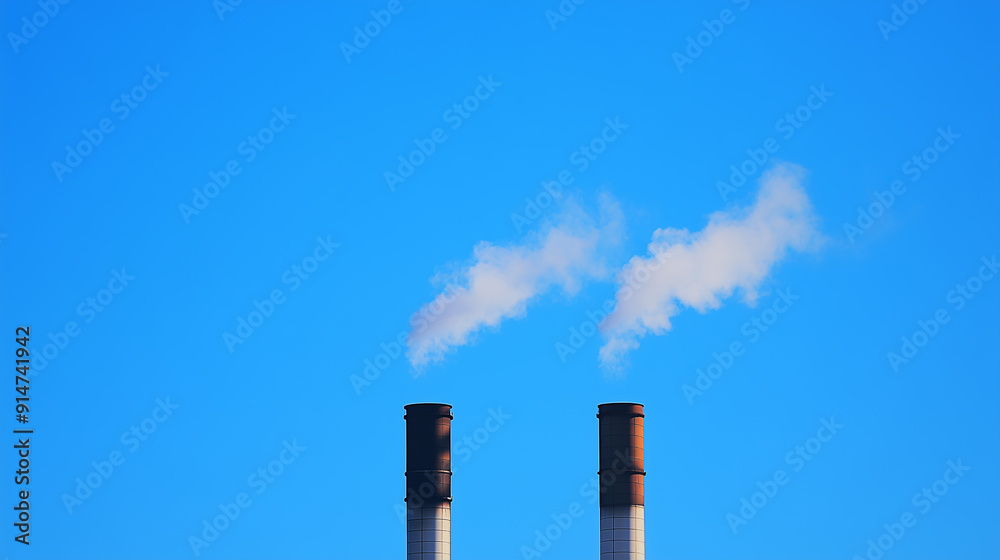 Two tall smokestacks spewing smoke into the sky. The sky is clear and blue Two tall smokestacks spewing smoke into the sky. The sky is clear and blue