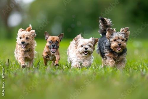 Dogs sprint towards the camera with joyful expressions, capturing a playful moment. The outdoor setting enhances their lively energy.