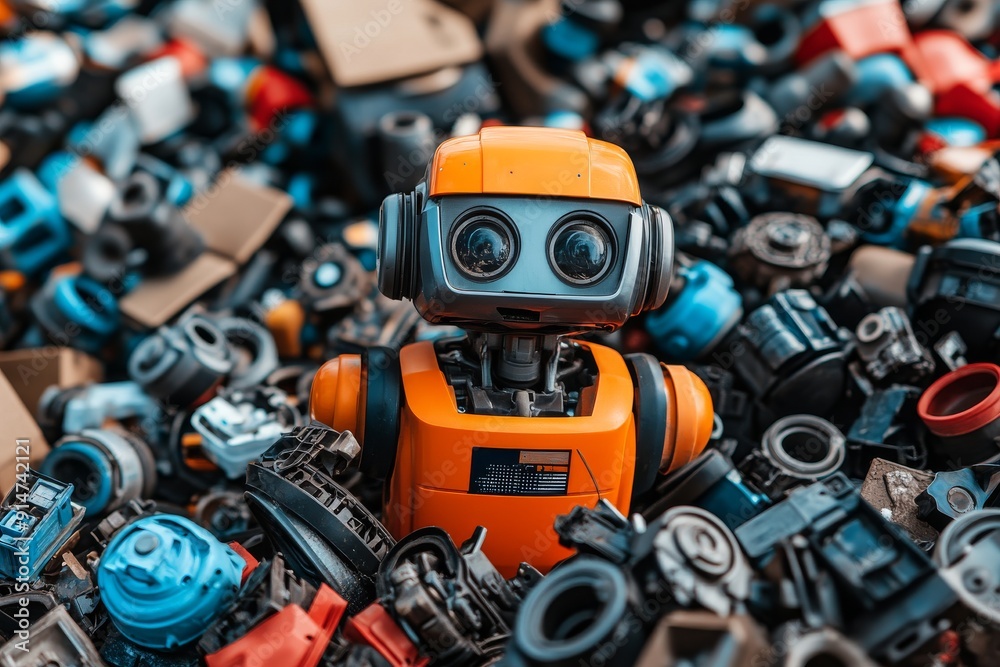 Rusty humanoid robot with large eyes sitting among electronic waste symbolizing the abandonment and decline of technology in a dystopian environment Rusty humanoid robot with large eyes sitting among electronic waste symbolizing the abandonment and decline of technology in a dystopian environment