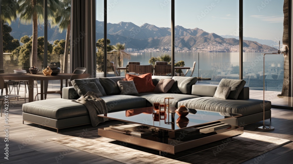 Fototapeta premium Close-up of luxurious design living room in a contemporary, modern mediteranean villa