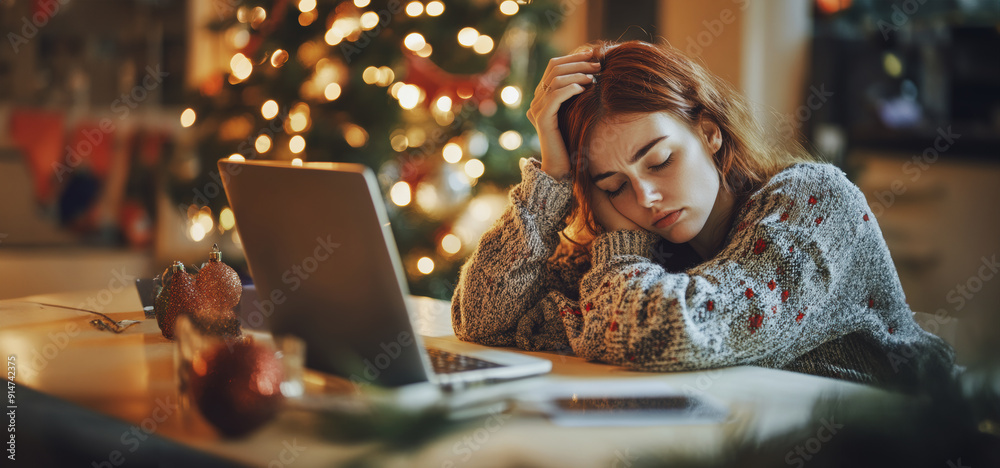 Young Woman in Cozy Sweater Sitting at Table With Laptop During Holiday Season