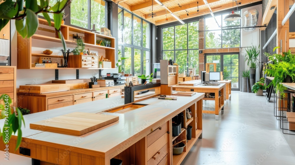 Modern open-concept office space with wooden furniture, large windows, green plants, and an abundance of natural light and contemporary design. Modern open-concept office space with wooden furniture, large windows, green plants, and an abundance of natural light and contemporary design.