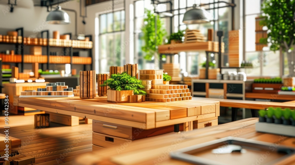 Modern wooden workshop interior with wooden crafts, tools, and plants, showcasing a creative and eco-friendly environment under natural light. Modern wooden workshop interior with wooden crafts, tools, and plants, showcasing a creative and eco-friendly environment under natural light.