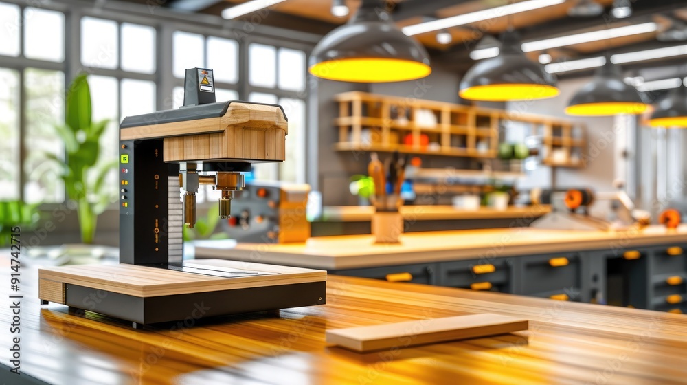 Modern woodworking workshop with CNC router and tools on wooden bench, under industrial lighting. Bright, organized workspace.