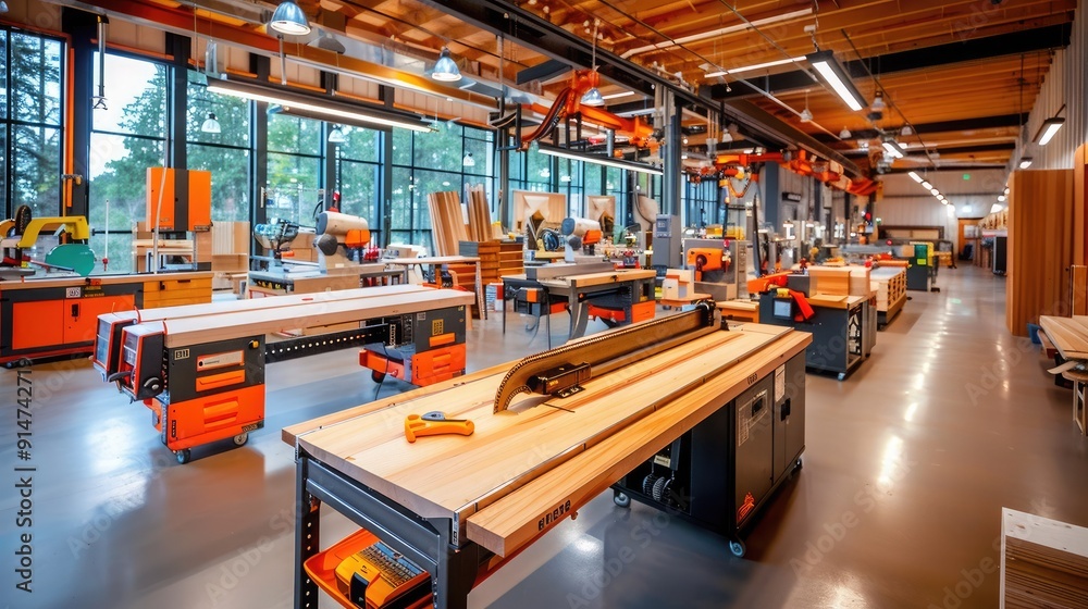 Modern woodworking shop with various tools and equipment, clean workspace, large windows, and bright lighting, perfect for carpentry projects. Modern woodworking shop with various tools and equipment, clean workspace, large windows, and bright lighting, perfect for carpentry projects.