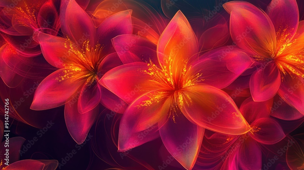 Bright and colorful digital flowers with fiery pink, orange, and yellow elements on a dark red background, perfect for meditation Bright and colorful digital flowers with fiery pink, orange, and yellow elements on a dark red background, perfect for meditation