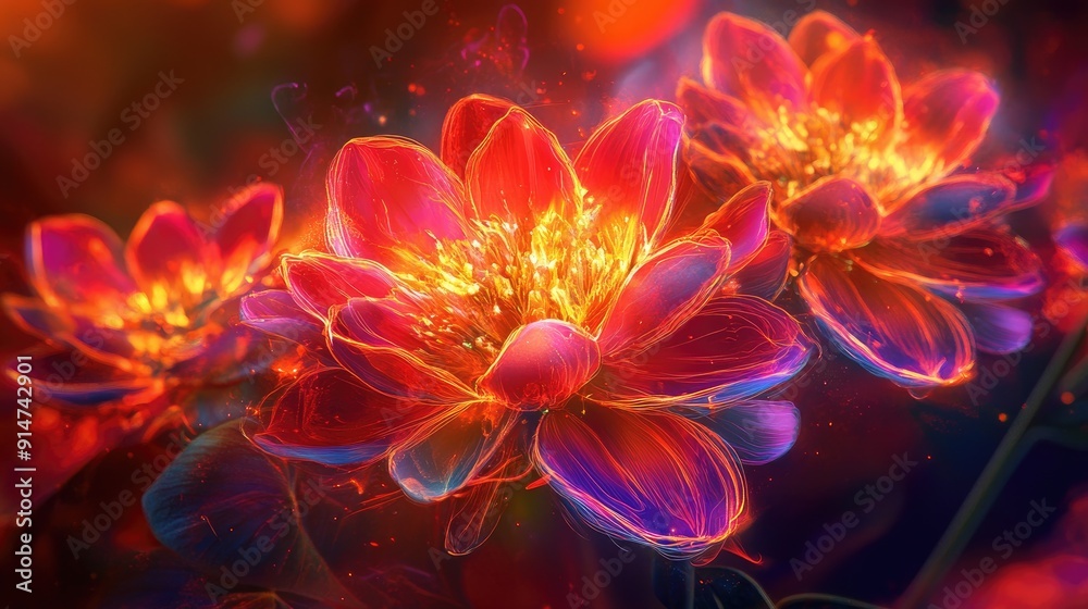 Bright, energetic neon flowers with burning hues on a dark red backdrop, perfect for trance and meditation Bright, energetic neon flowers with burning hues on a dark red backdrop, perfect for trance and meditation
