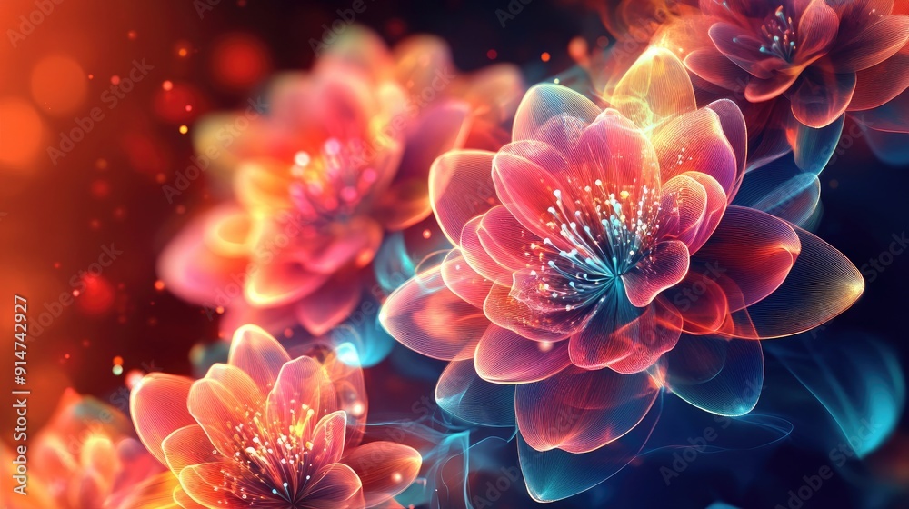 Bright, energetic neon flowers with burning hues on a dark red backdrop, perfect for trance and meditation Bright, energetic neon flowers with burning hues on a dark red backdrop, perfect for trance and meditation