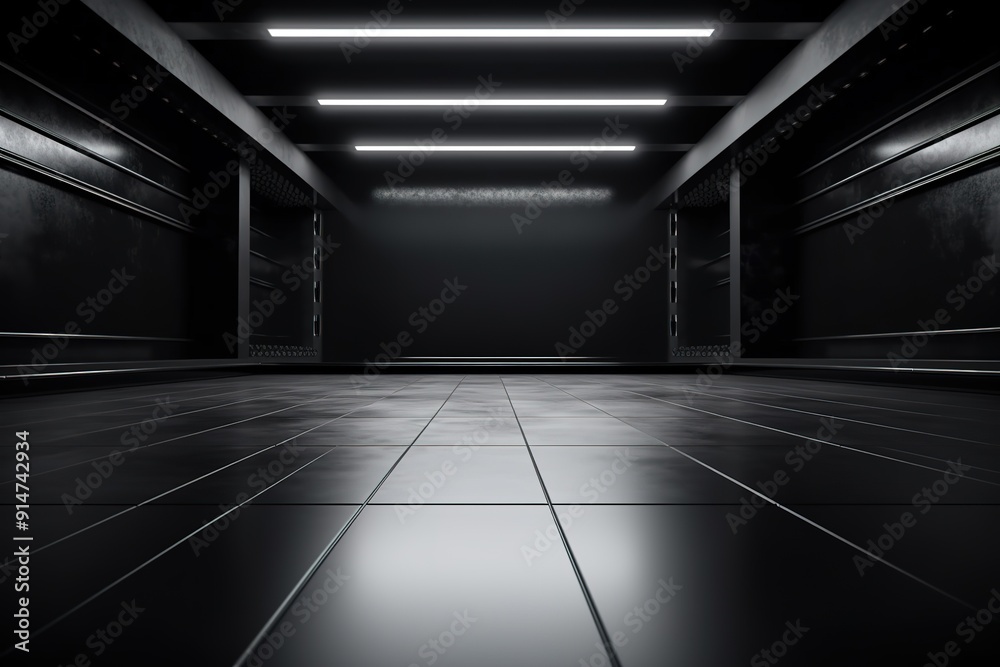 Dark corridor with black tiled floor and bright ceiling lights. Dark corridor with black tiled floor and bright ceiling lights.