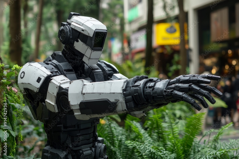 Futuristic humanoid robot with red glowing eyes in a modern urban environment symbolizing the power and intensity of advanced AI technology in a high tech setting Futuristic humanoid robot with red glowing eyes in a modern urban environment symbolizing the power and intensity of advanced AI technology in a high tech setting