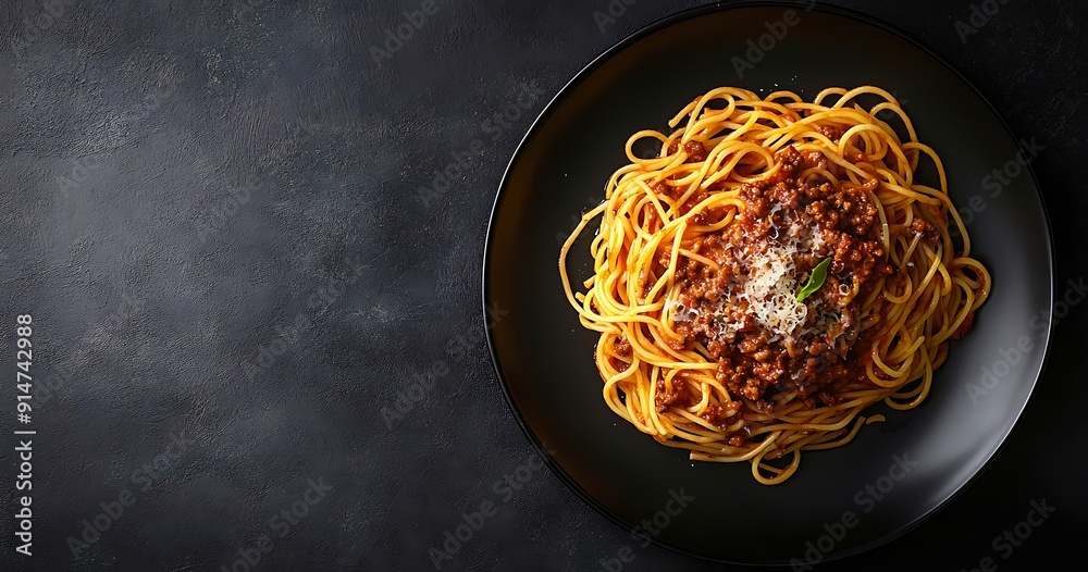 Spaghetti bolognese with parmesan cheese and basil on a black plate. Spaghetti bolognese with parmesan cheese and basil on a black plate.