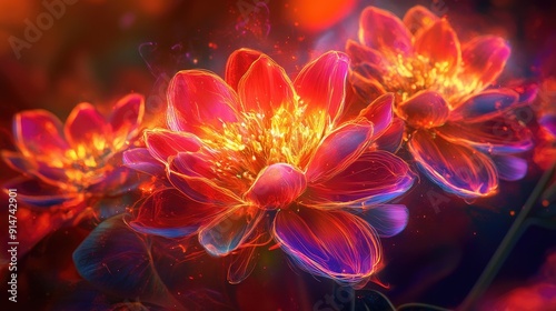 Bright, energetic neon flowers with burning hues on a dark red backdrop, perfect for trance and meditation