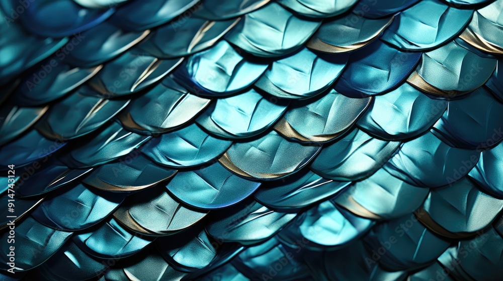 Close-up of overlapping blue fish scales with a metallic sheen and intricate patterns. Close-up of overlapping blue fish scales with a metallic sheen and intricate patterns.