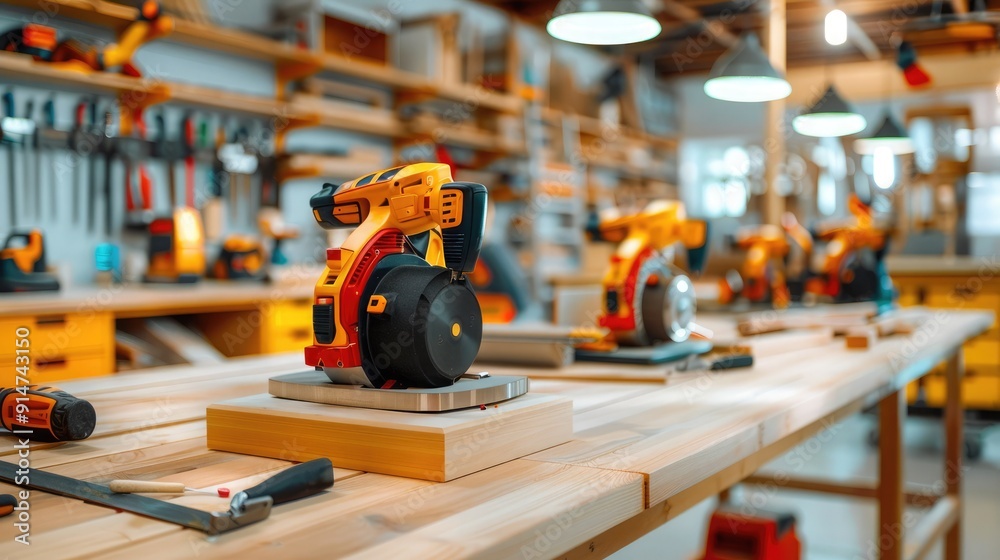 Workshop with power tools and woodworking equipment on workbenches, ready for use. High-quality image of a busy, well-organized workspace. Workshop with power tools and woodworking equipment on workbenches, ready for use. High-quality image of a busy, well-organized workspace.