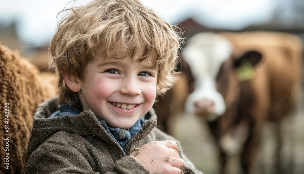Smiling Farm Boy Interacting with Cattle in a Rustic Barn Setting, Rural Life, Countryside, Agriculture, Livestock, Farming, Youth, Nature, Childhood, Animal Husbandry, Dairy Farm, Cows, Heifer Smiling Farm Boy Interacting with Cattle in a Rustic Barn Setting, Rural Life, Countryside, Agriculture, Livestock, Farming, Youth, Nature, Childhood, Animal Husbandry, Dairy Farm, Cows, Heifer