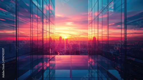 Colorful sunset over a futuristic city, stylized skyscrapers with modern windows, sleek urban design