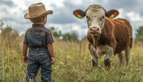 Young Boy in Cowboy Hat Stands in a Field with a Gentle Cow on a Tranquil Farm, Country Life, Rural Idyll, Childhood Innocence, Pastoral Scene, Farm Animals, Livestock, Agriculture, Cattle, Dairy