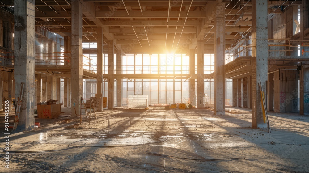 Construction site of a building with sunlight streaming through windows Construction site of a building with sunlight streaming through windows