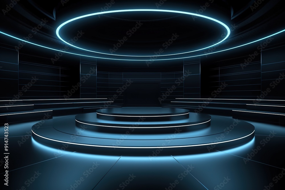Dark futuristic platform with blue neon lights. Dark futuristic platform with blue neon lights.