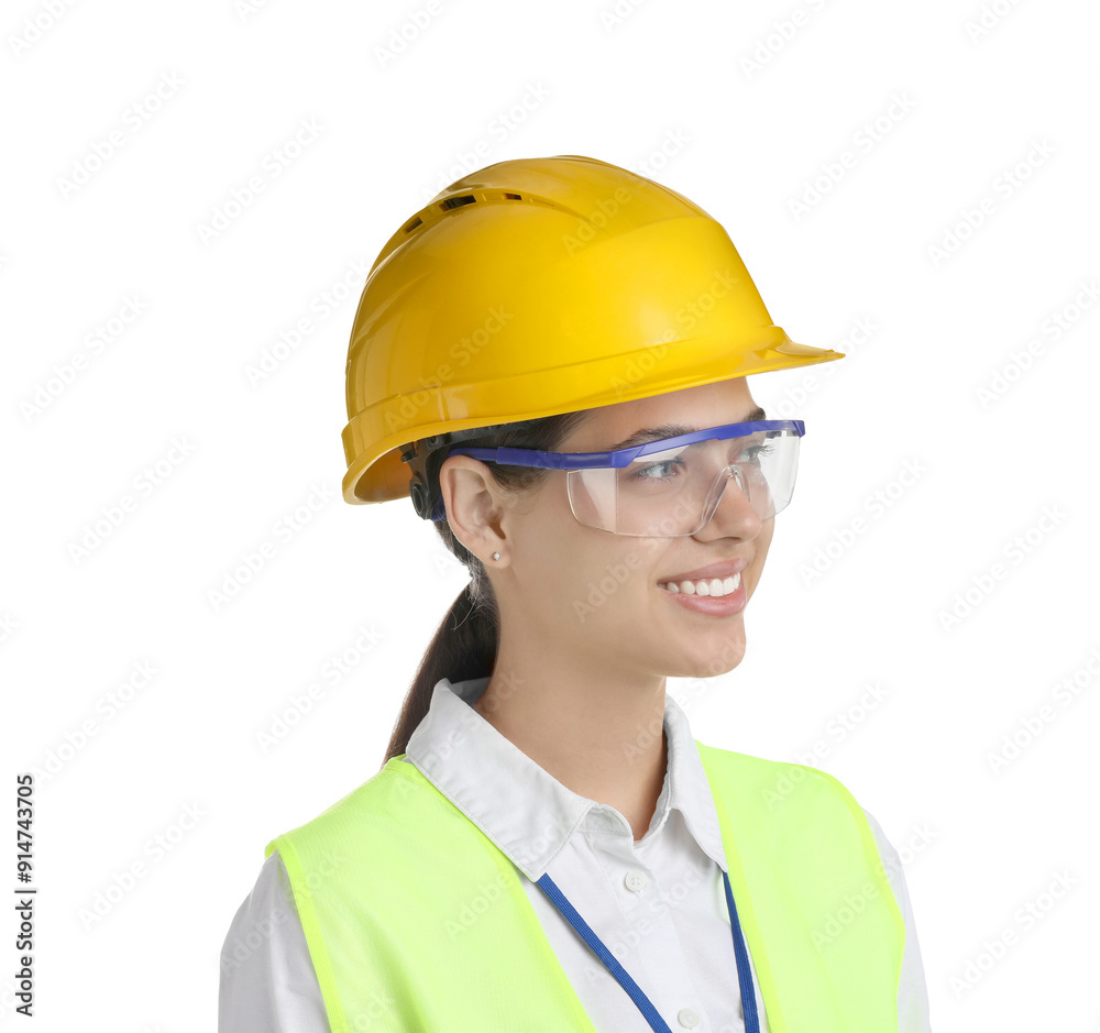 Engineer in hard hat and goggles on white background Engineer in hard hat and goggles on white background