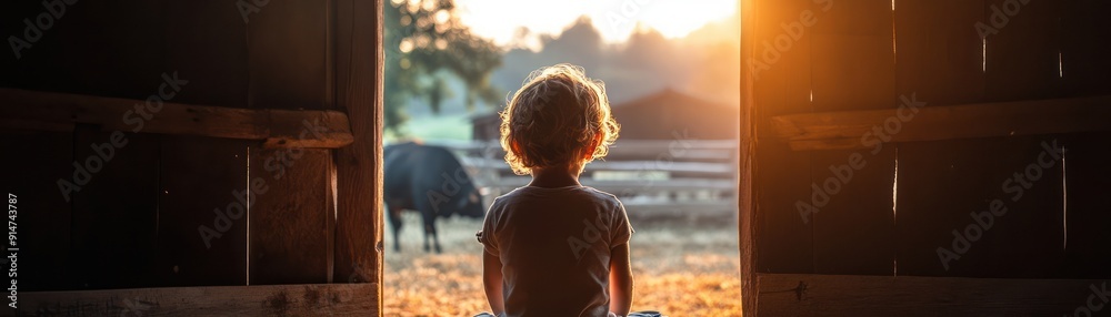 Young Child Exploring a Rustic Barn with Cattle, Backlit by Golden ...