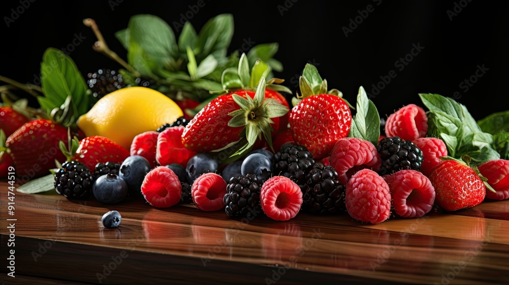 Close-up shot of several fruits on wooden table with adjacent green and red plants Close-up shot of several fruits on wooden table with adjacent green and red plants