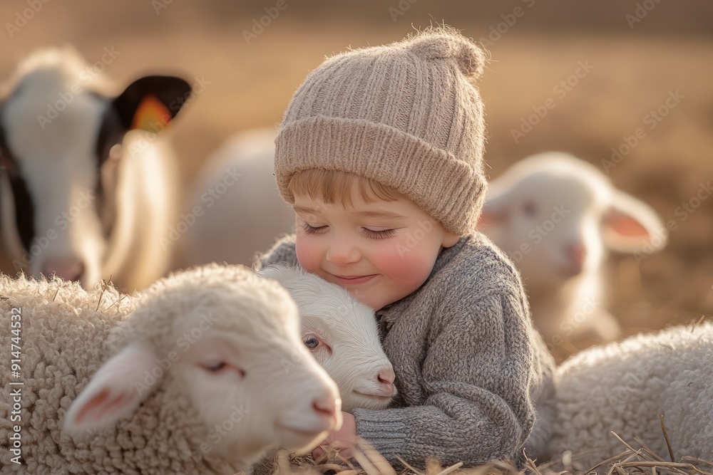 Adorable Toddler Boy Gently Playing with Lambs in a Rural Farm Setting, A Sweet and Tender Moment Captured on Camera Adorable Toddler Boy Gently Playing with Lambs in a Rural Farm Setting, A Sweet and Tender Moment Captured on Camera