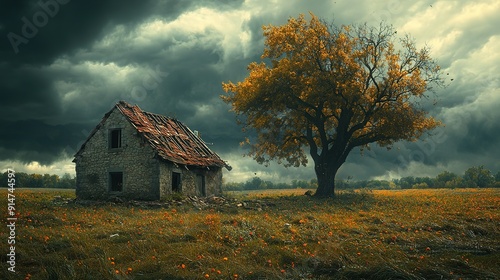 A Ruined Stone House Stands in a Field of Wildflowers Under a Stormy Sky