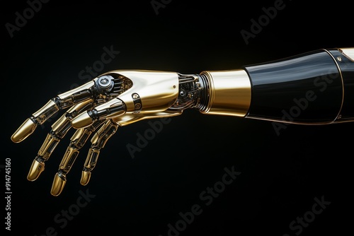 Close up of a futuristic robotic hand with gold and black design symbolizing the precision and advanced engineering of AI technology in a high tech environment