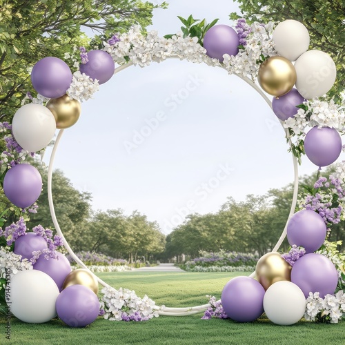 Elegant Outdoor Event Backdrop with Green and Gold Balloon Garlands, Flowers, and Park Scenery photo