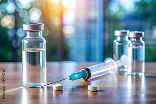 Vaccine and drugs on a table.