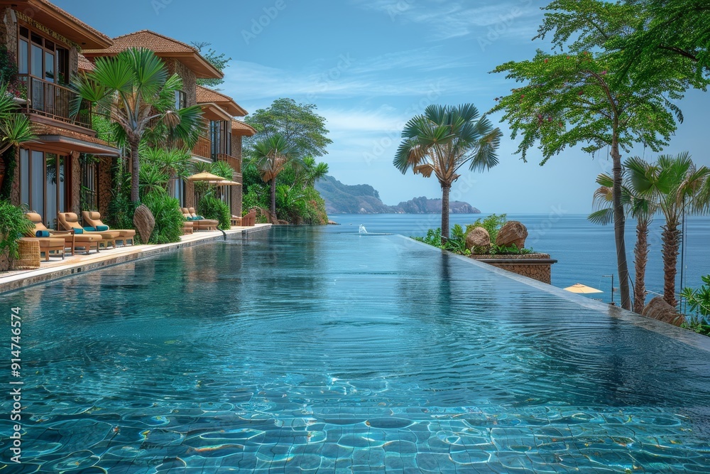 Fototapeta premium Tropical beach resort summer vacation by the sea with palm trees, copy space banner background