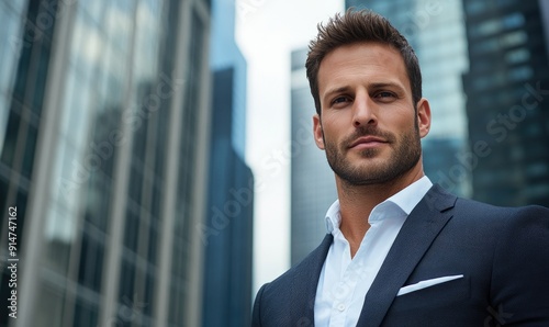 Elegant Young Man in Expensive Suit Against Blurry Skyscraper Background