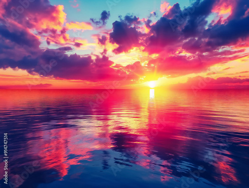 A beautiful sunset over the ocean with a reflection of the sun on the water. The colors are vibrant and the scene is peaceful