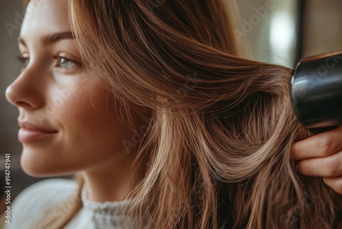 Closeup of a stylist blowdrying a clients hair, focus on volume and shine, hair care routine, achieving perfect style, professional touch