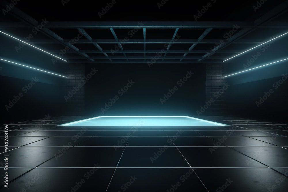Dark room with blue neon lights and tiled floor. Dark room with blue neon lights and tiled floor.