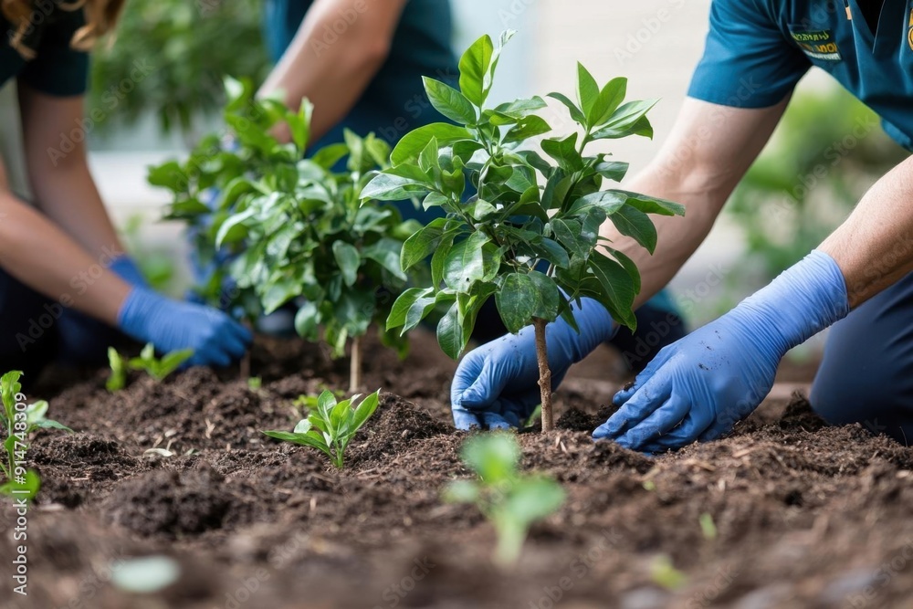 Healthcare workers planting trees in hospital courtyard, integrating nature into medical environments Healthcare workers planting trees in hospital courtyard, integrating nature into medical environments